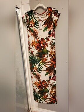 Floral Tropical Maxi Dress in White with Green & Brown Print